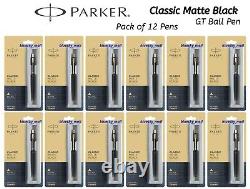12 X New Parker Classic Matte Black Finish Stainless Steel GT Ball Pen, Blue Ink