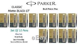 12 X Parker Classic Matte Black Finish Jotter Gt Ball Pen, Steel Body Blue