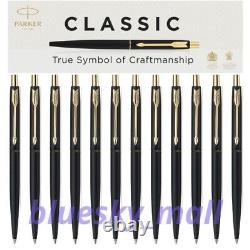 12 X Parker Classic Matte Black Gold Trim Steel Ballpoint Pen, Medium Black Ink