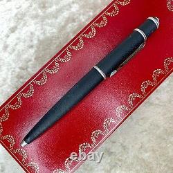 Authentic Cartier Ballpoint Pen Diabolo Matte Black Satin Silver Clip Black Gem
