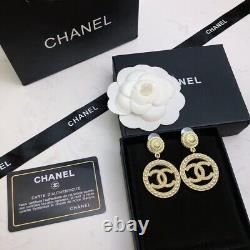 Authentic Chanel Pearl Crystal Drop Dangle Logo Earrings