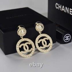 Authentic Chanel Pearl Crystal Drop Dangle Logo Earrings