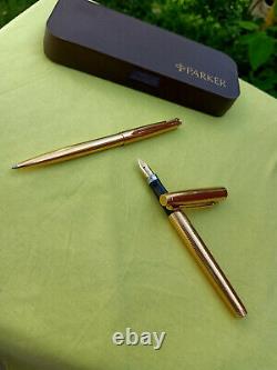 Parker 75 14K GF insignia grid ballpoint pen & fountain pen set flat tassie