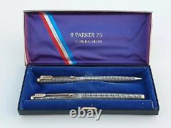 Parker 75 Sterling Silver Cisele Fp+pencil Set 14k X Fine Nib Flat Tassies