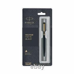 Parker Vector Ball Pen, Matte Black, Gold Trim, Ink Colour Blue, Steel Made