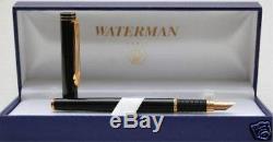Waterman Exclusive Matte Black & Gold Fountain Pen 18K Gold M Pt Pen New In Box